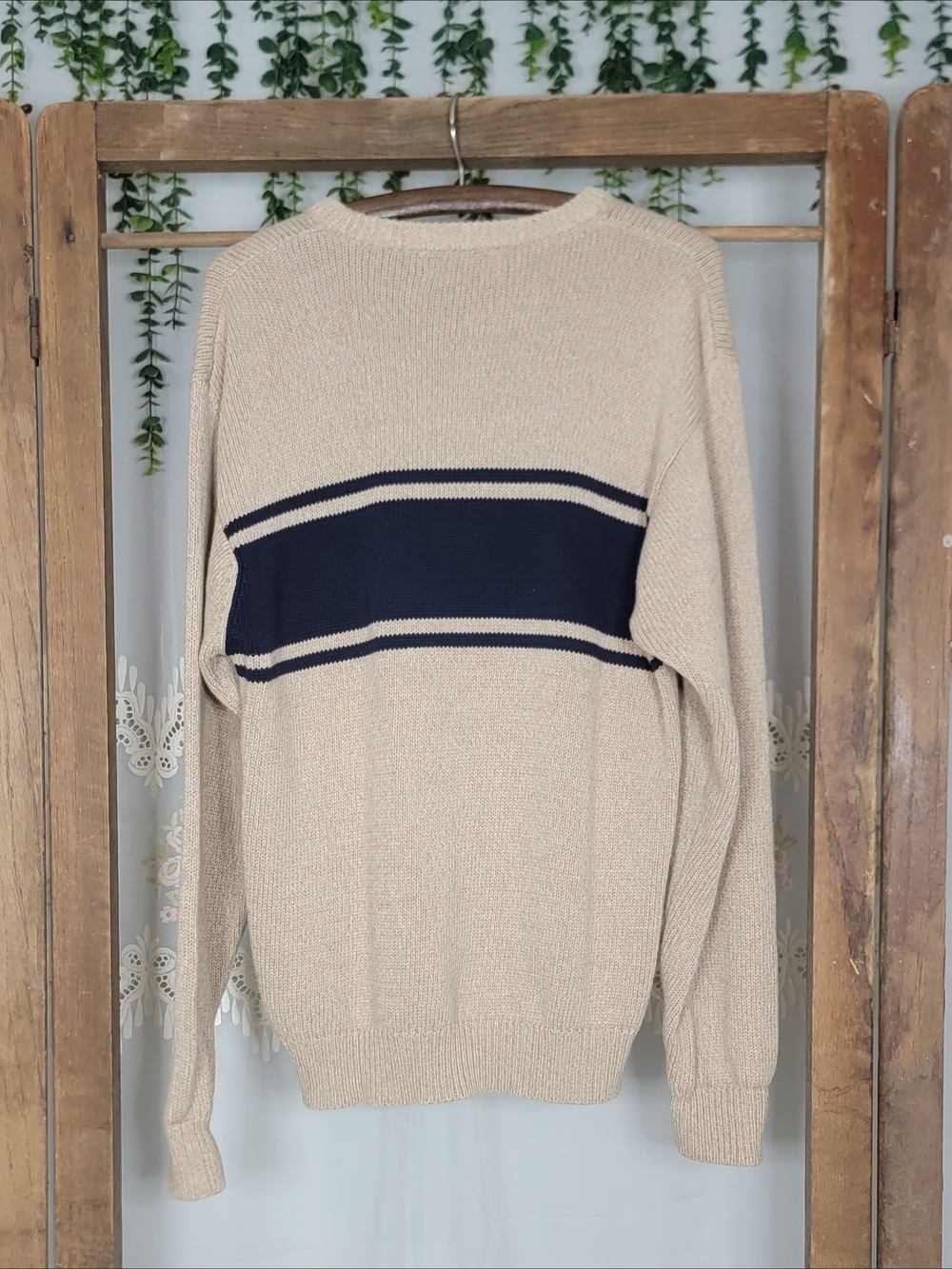 Cozy Cream Coastal Fisherman Stripe Sweater | Nautical Cream Navy Knit Pullover - Picture 5 of 7